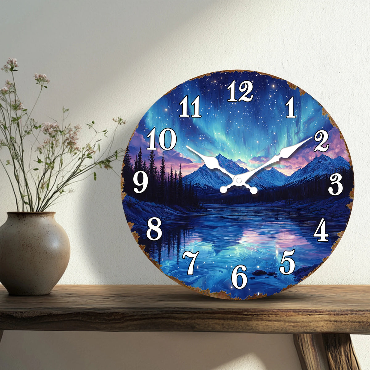 Stunning Aurora Borealis over Mountain Lake Round Wall Clock