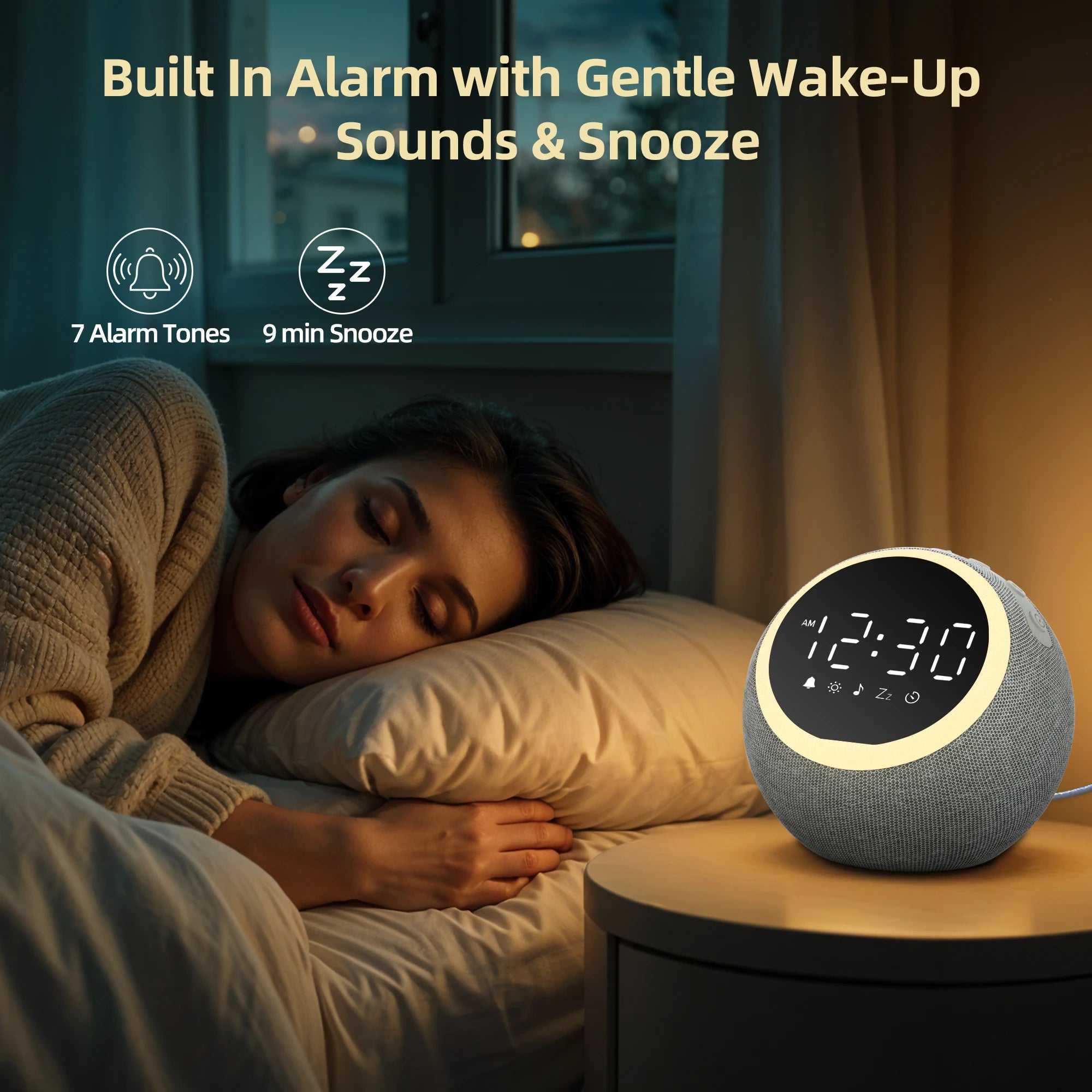 White Noise Alarm Clock with Night Light and Sleep Timer