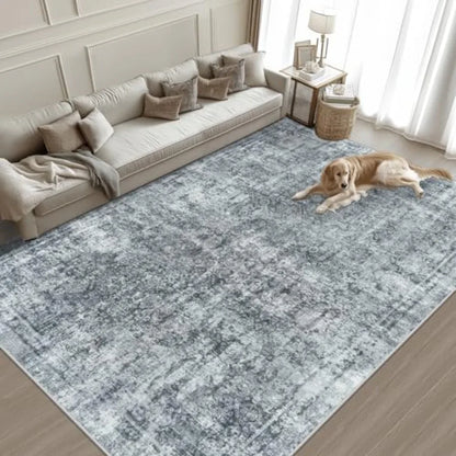10x14 Vintage Abstract Washable Rug In Black and Grey