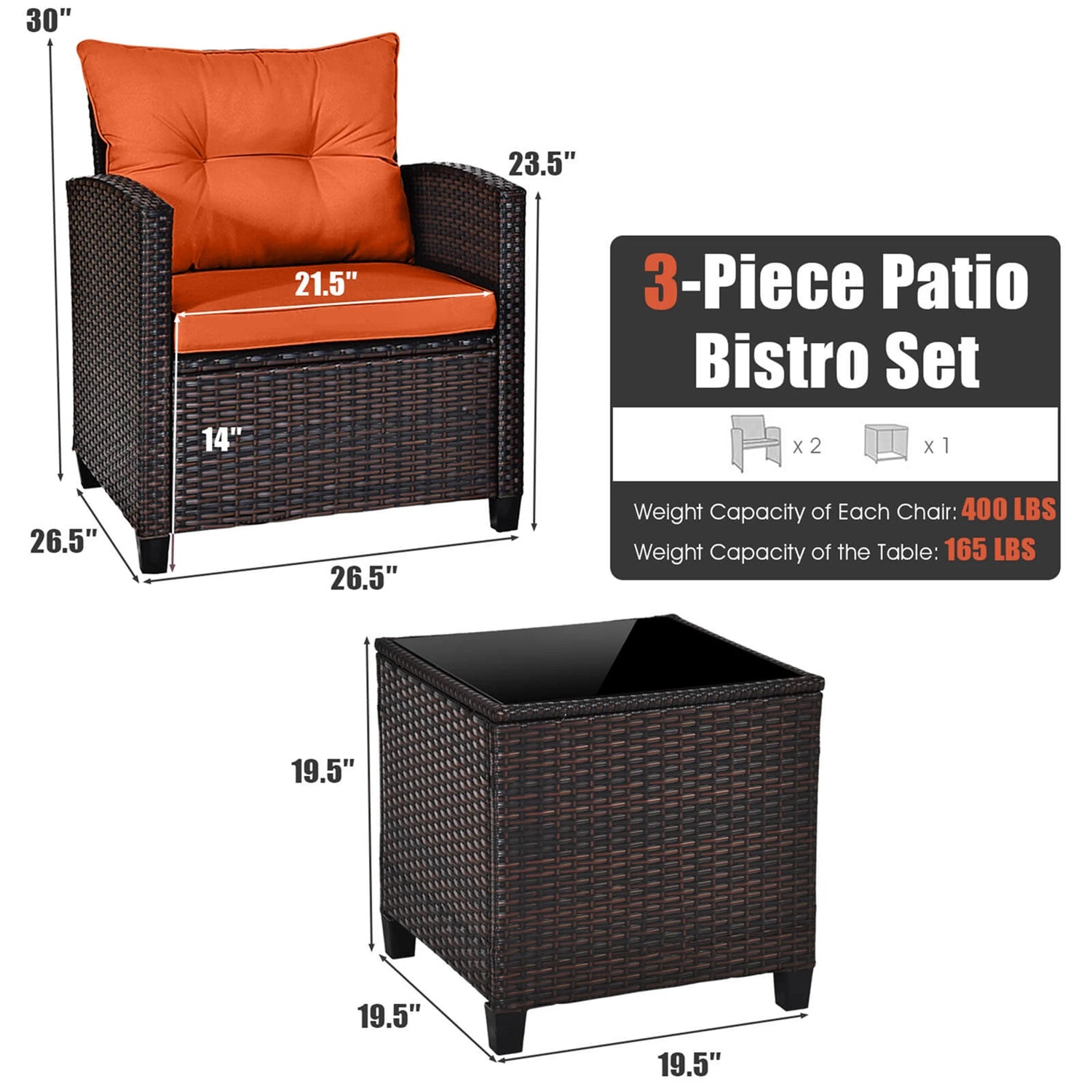 3-Piece Rattan Patio Furniture Set Including 2 Chairs and a Table