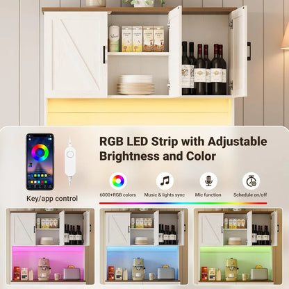 71" Kitchen Pantry Cabinet with Charging Station &amp; LED Lights, Tall Kitchen Storage Cabinet with Hutch, Farmhouse, Customized