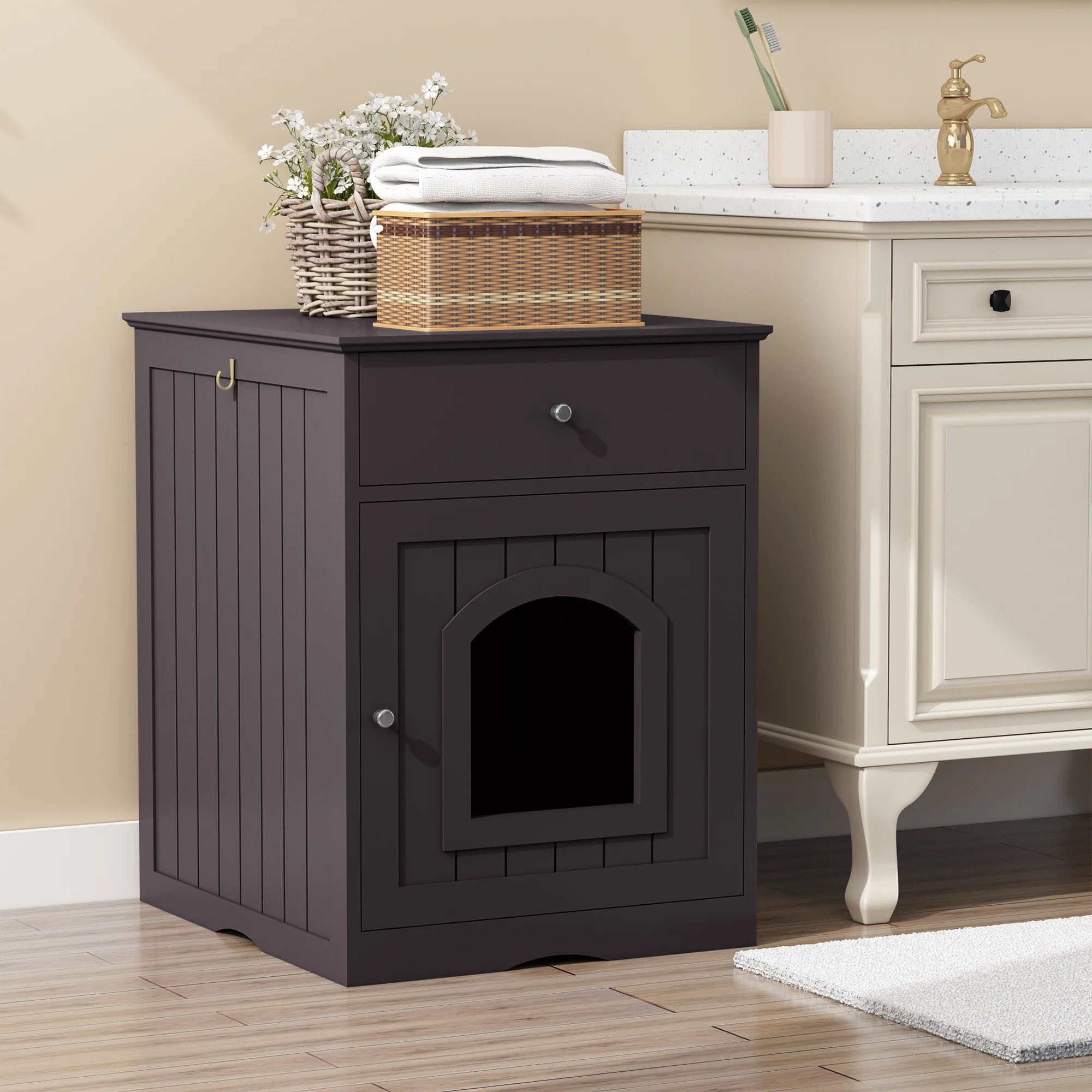 Wooden Cat House Cat with Litter Box
