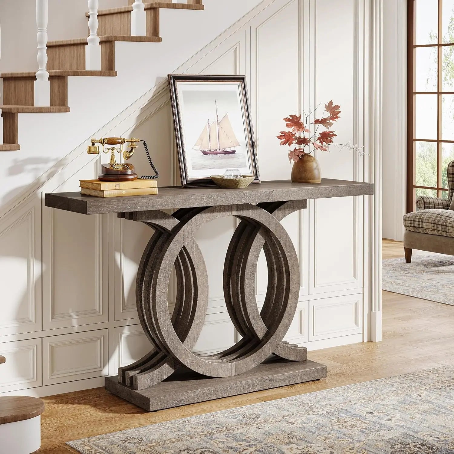 55 Inch Modern Design Console Table with Geometric Wood Base
