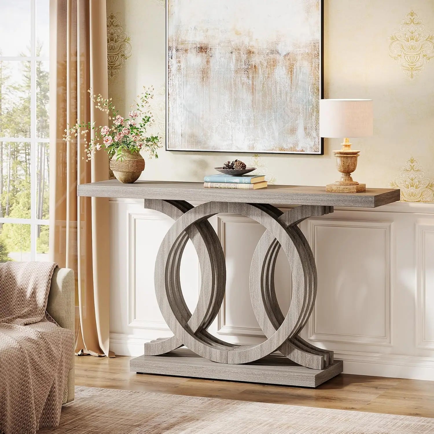55 Inch Modern Design Console Table with Geometric Wood Base