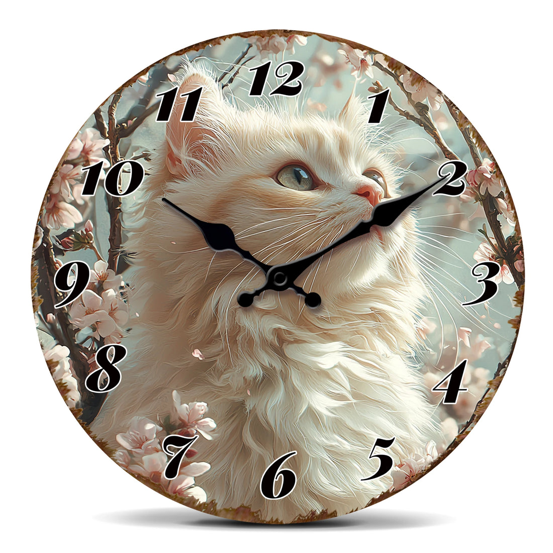 Fluffy White Cat with Cherry Blossom Background Wall Clock