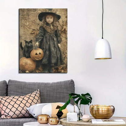 Halloween Cute Witch and Black Cat Wall Art