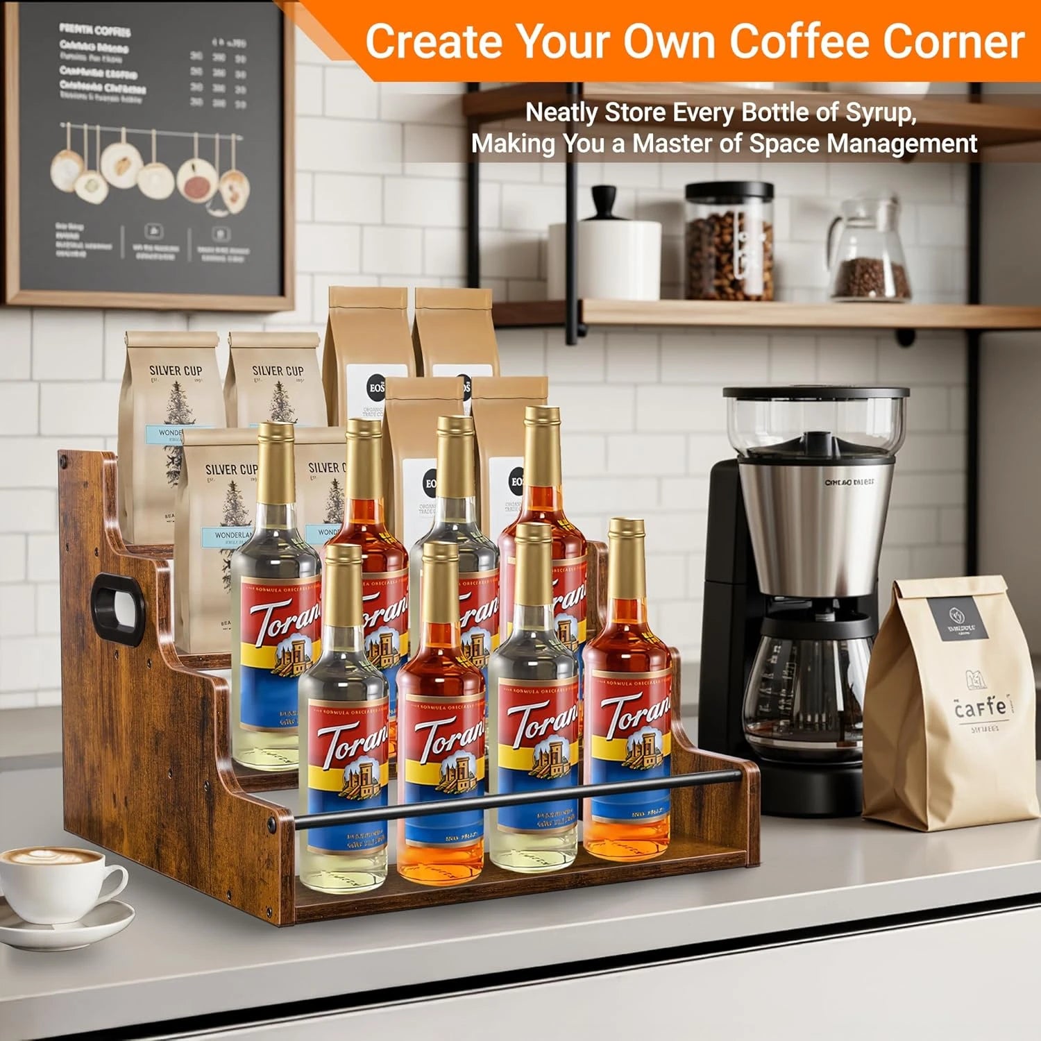 Liquor Bottle Display Shelf, Coffee Syrup Rack Organizer, 3 Step Countertop Liquor Wine Rack, mini bar,liquor cabinet, Home Retro Bar Shelf Stand for Liquor Whiskey, Spirits