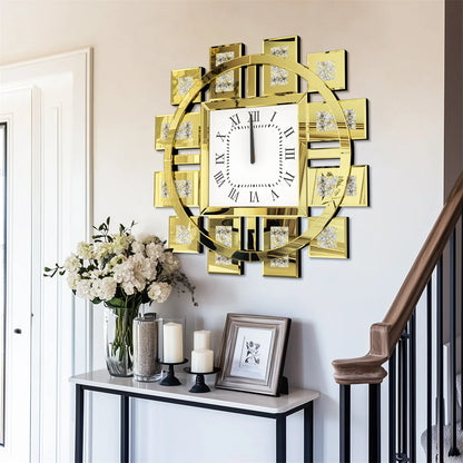Decorative Wall Clock in Silver or Gold with Crushed Crystal Inlay