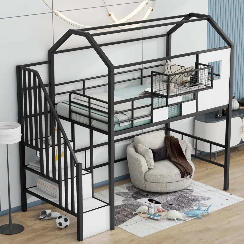 Twin Size House Loft Bed with Stairs and Storage Box