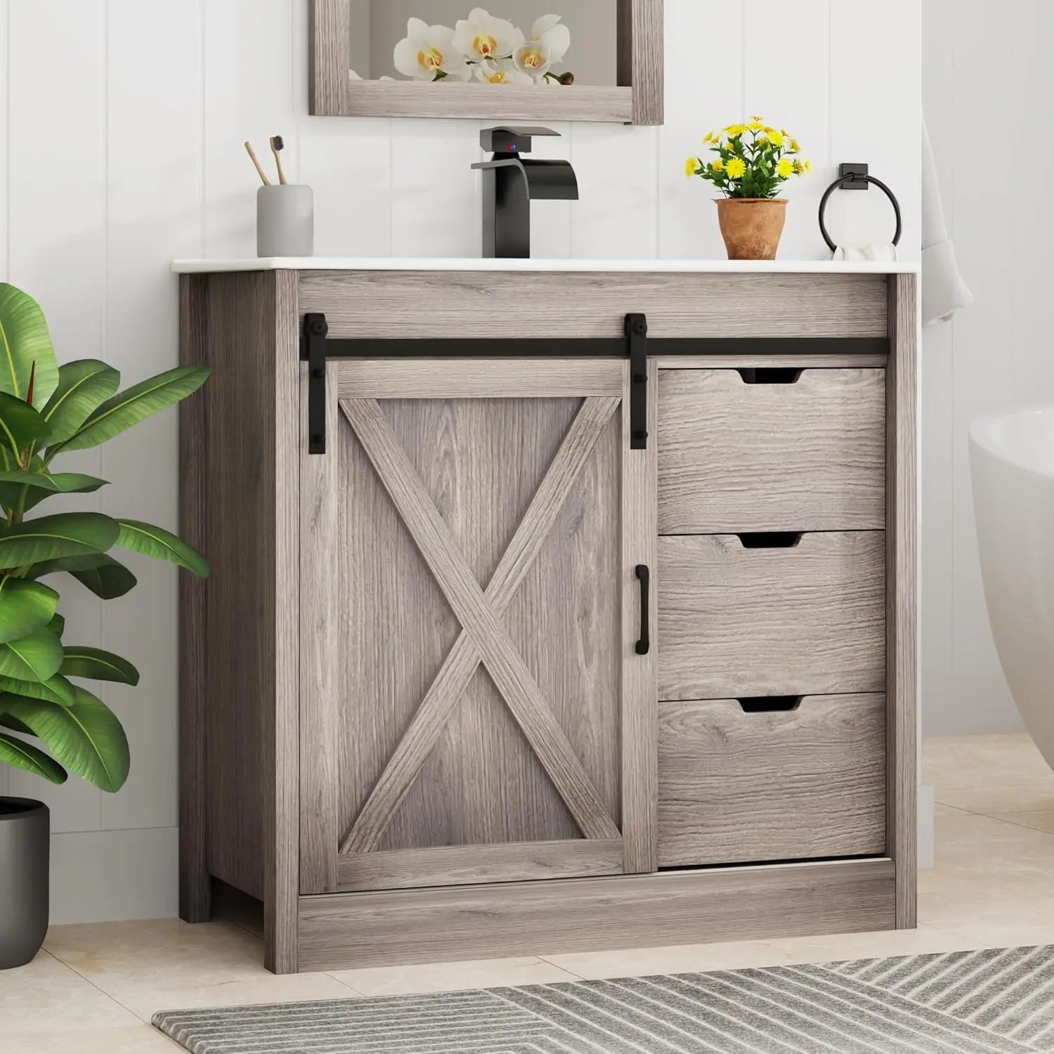 36 Bathroom Vanity Sink Faucet Mirror Farmhouse Cabinet Barn Door Drawers Bath Storage Grey, Custom