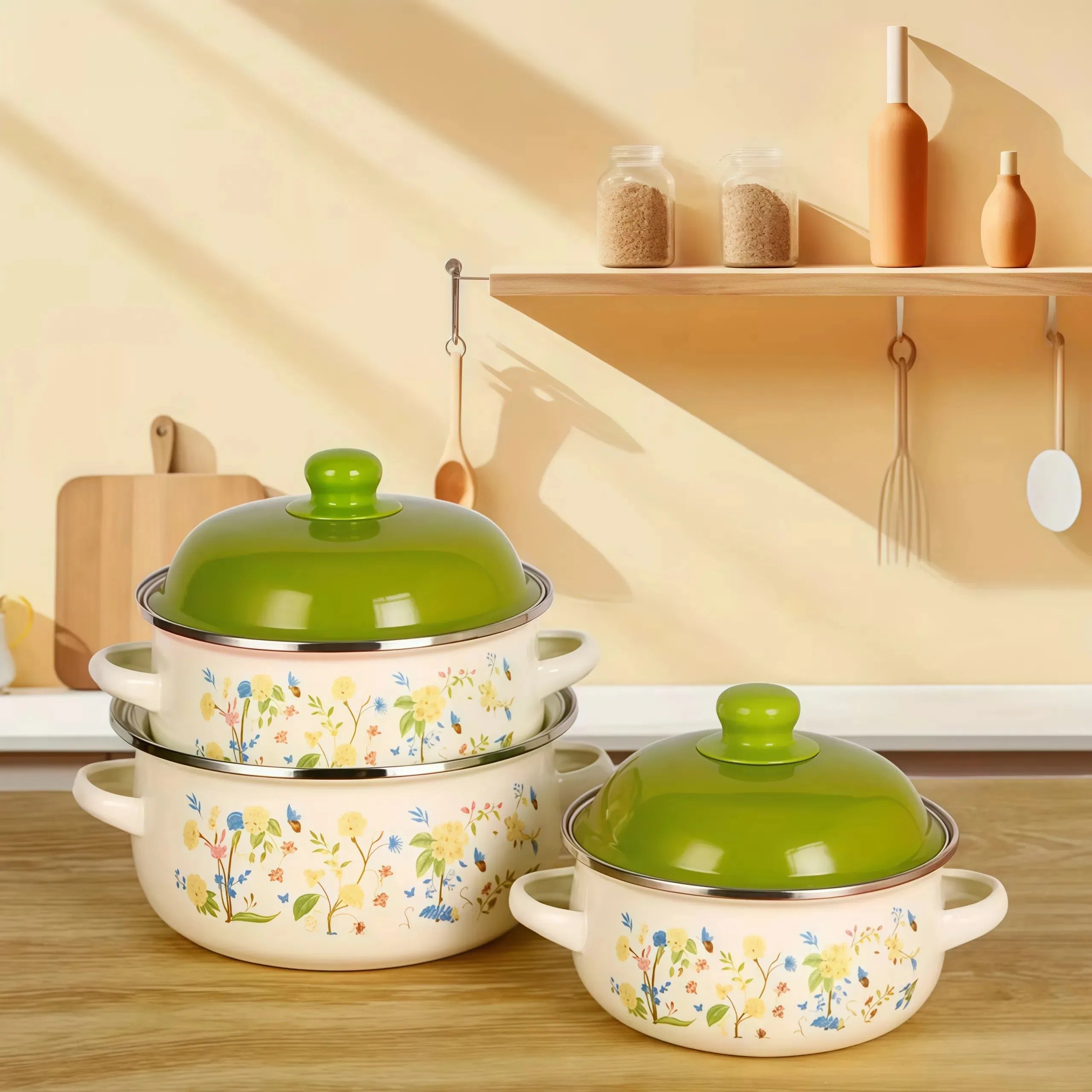 3Pcs Vintage Enamel Stock Pot Set with Lid,34oz/51oz/68oz Retro Flower Cooking Pot, Flat Bottom Stew Pot with Dual Handles for Induction &amp; Gas Stove Kitchen Use
