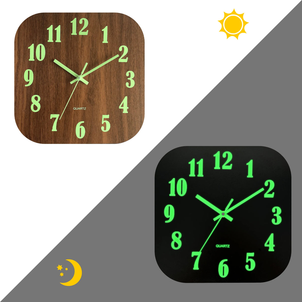Square Glow-in-the-Dark Wall Clock with Bright Luminescent Numbers