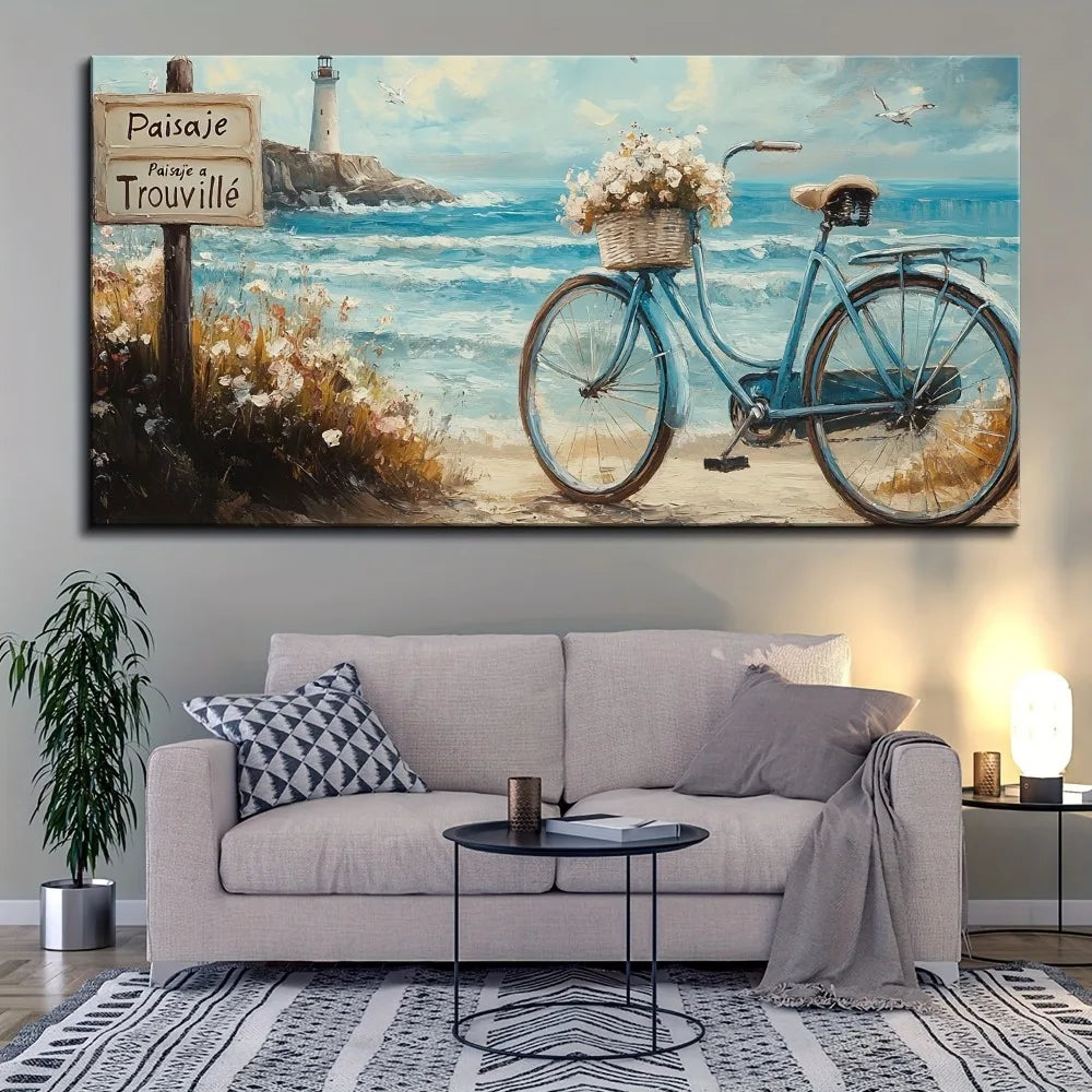 White Lighthouse, Ocean Waves, Sandy Beach and a Bicycle Wall Art
