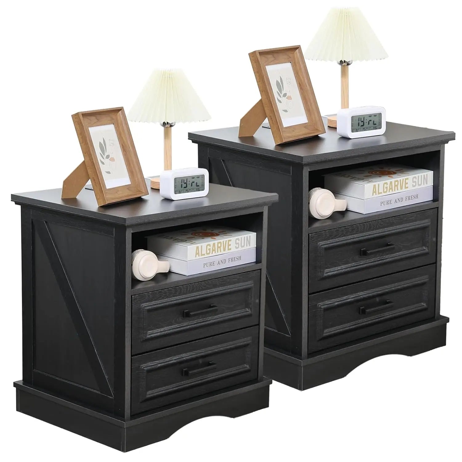 Set of 2 Farmhouse Night Stands with Charging Station
