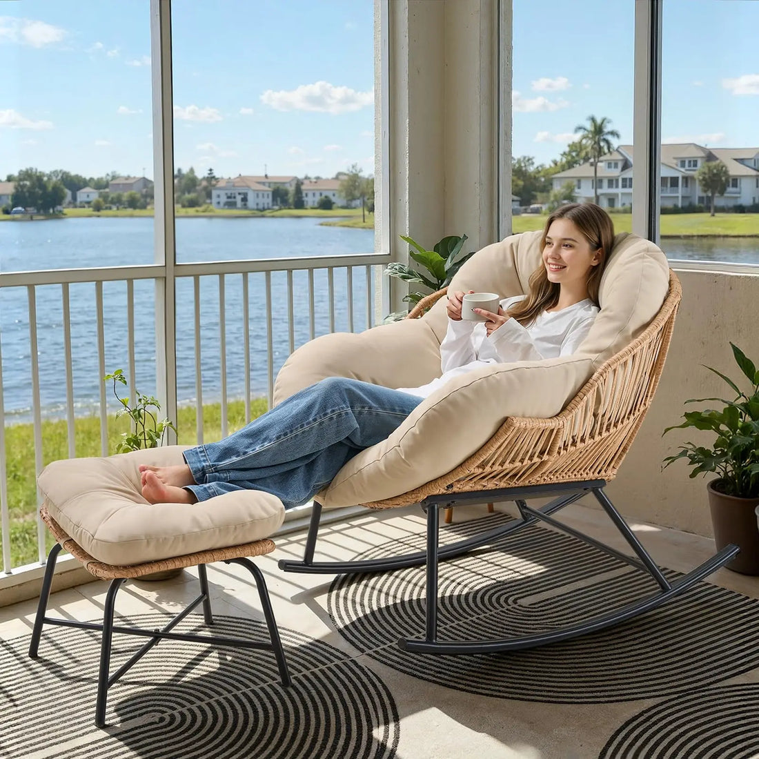 Oversized Wicker Papasan Rocking Chair with Ottoman