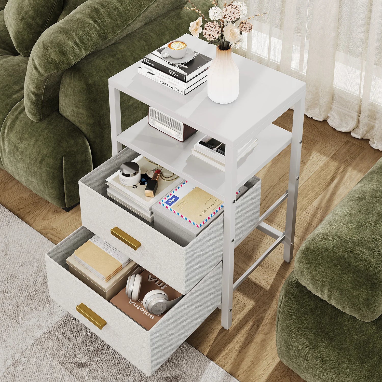Modern White Bedside Side Table with 2 Drawers