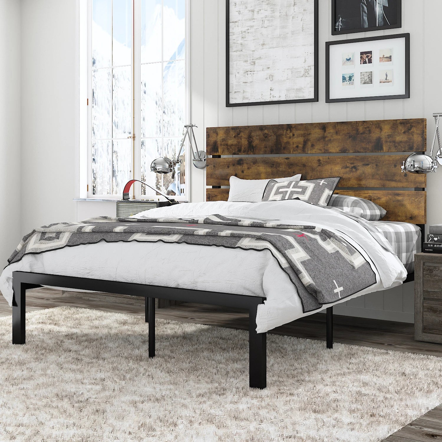 Bed Frame with Rustic Wooden Headboard