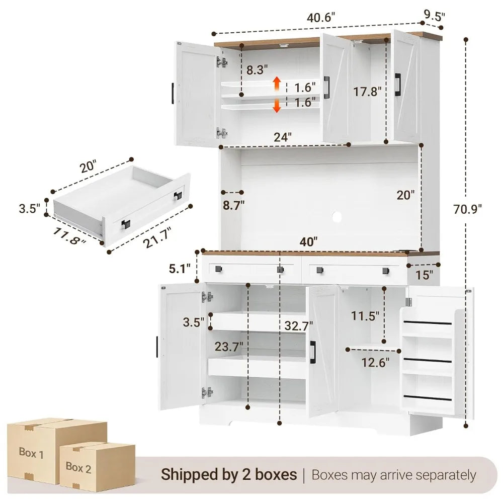 71" Kitchen Pantry Cabinet with Charging Station &amp; LED Lights, Tall Kitchen Storage Cabinet with Hutch, Farmhouse, Customized