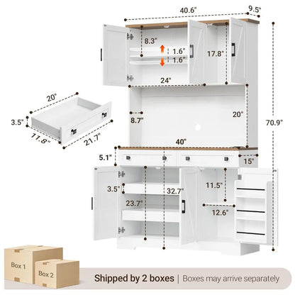 71" Kitchen Pantry Cabinet with Charging Station &amp; LED Lights, Tall Kitchen Storage Cabinet with Hutch, Farmhouse, Customized