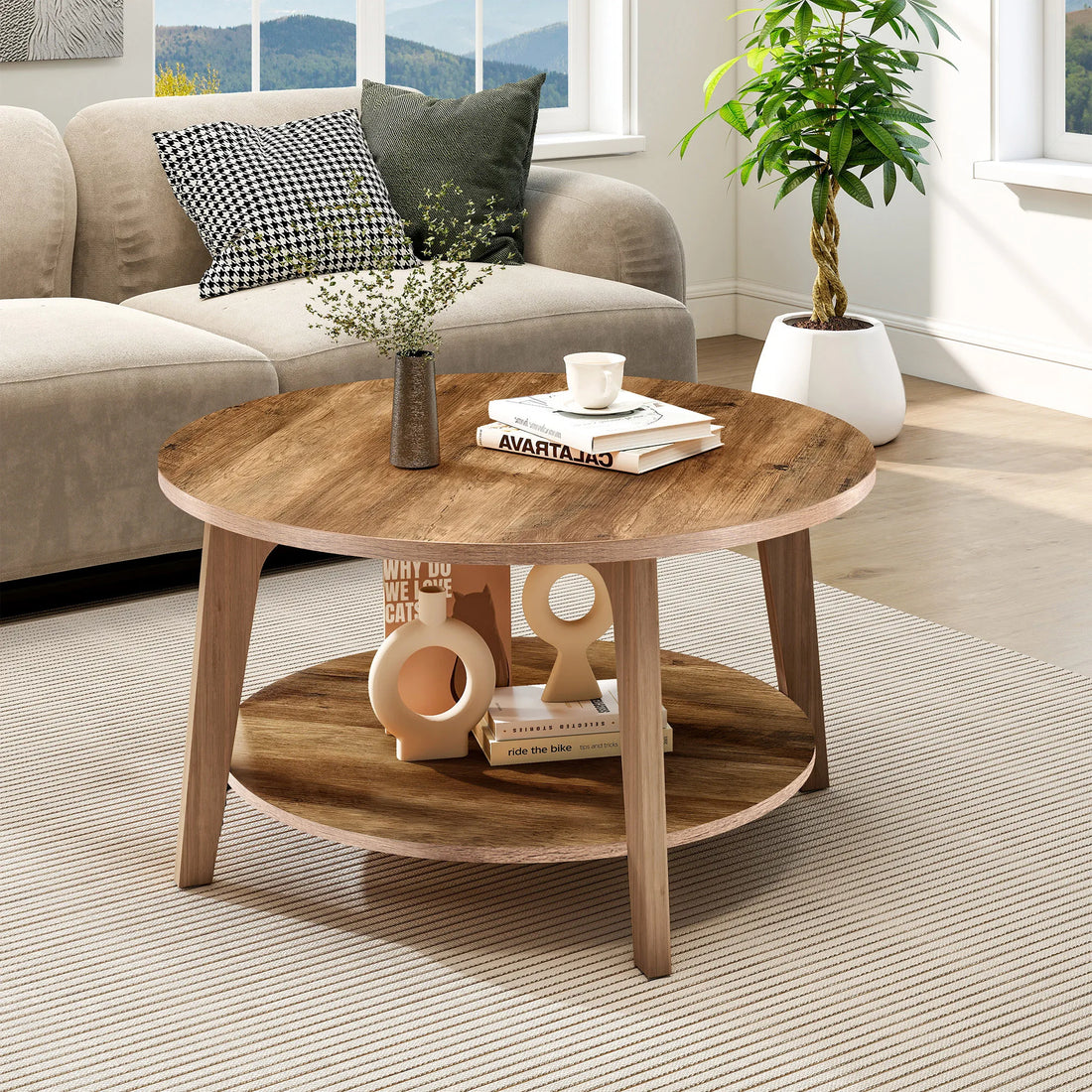 JHK 32 Inch Round Wood Coffee Table