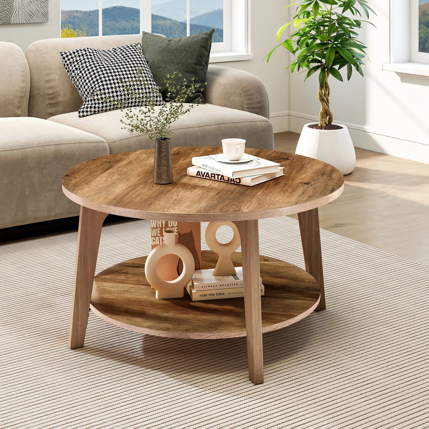 JHK 32 Inch Round Wood Coffee Table