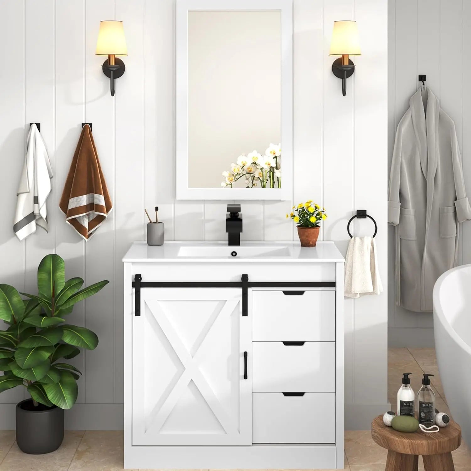 36 Bathroom Vanity Sink Faucet Mirror Farmhouse Cabinet Barn Door Drawers Bath Storage Grey, Custom