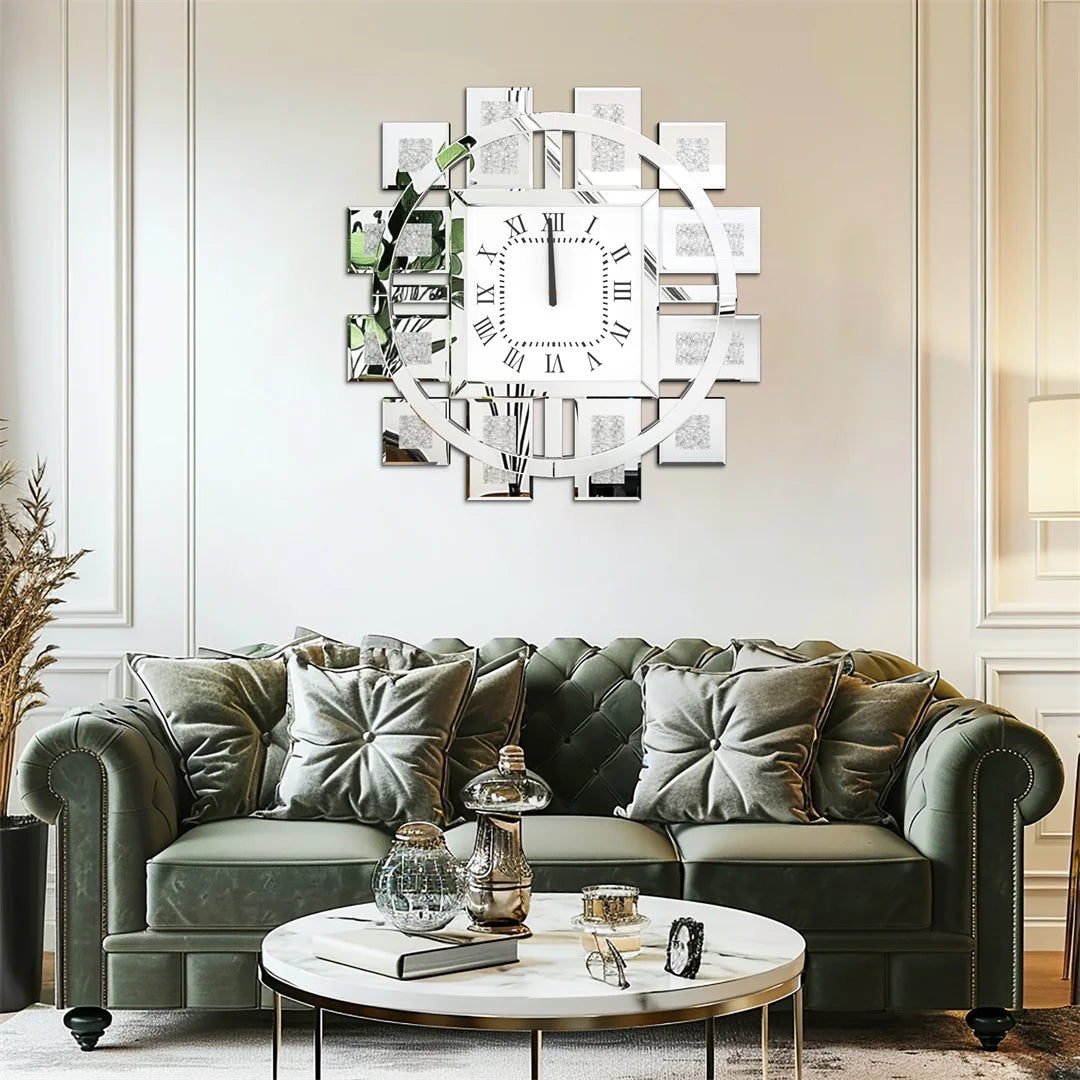 Decorative Wall Clock in Silver or Gold with Crushed Crystal Inlay