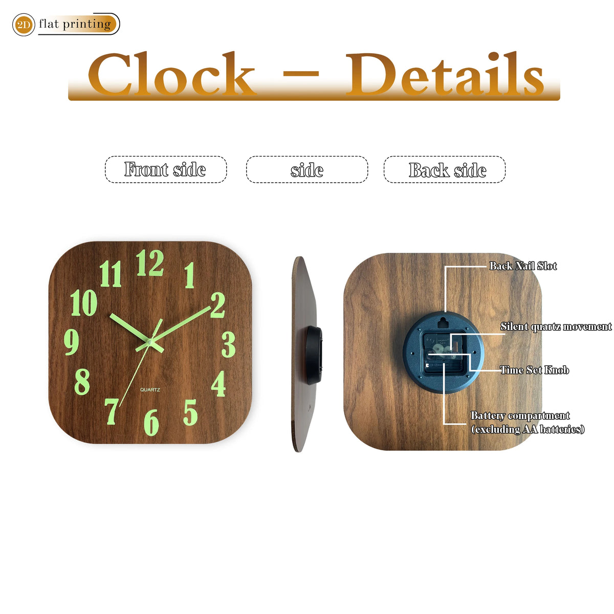 Square Glow-in-the-Dark Wall Clock with Bright Luminescent Numbers