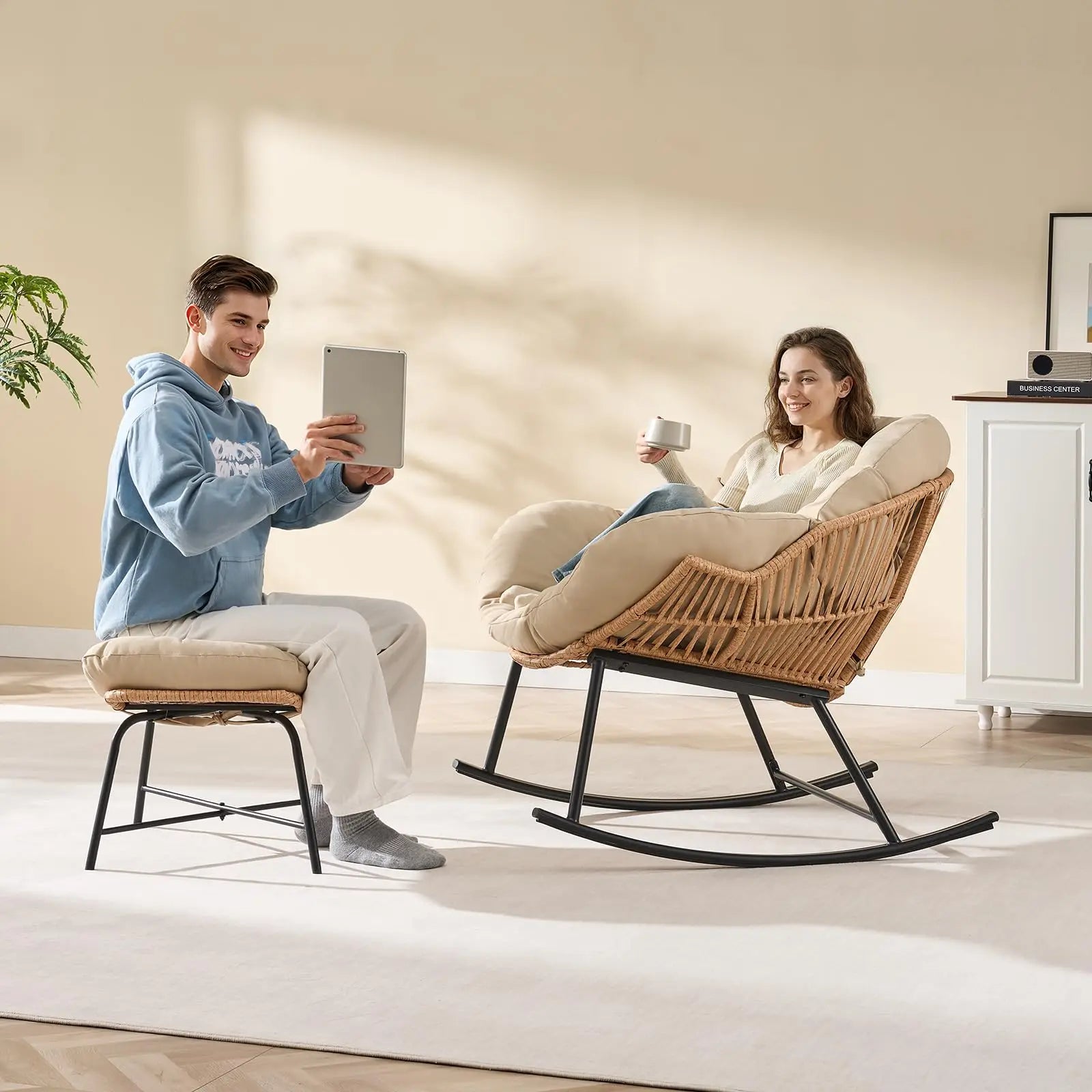 Oversized Wicker Papasan Rocking Chair with Ottoman
