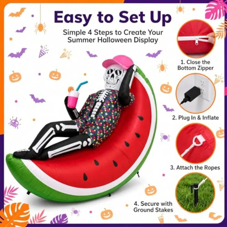 6.9 Foot Skeleton Reclining on Watermelon Slice Inflatable Decoration