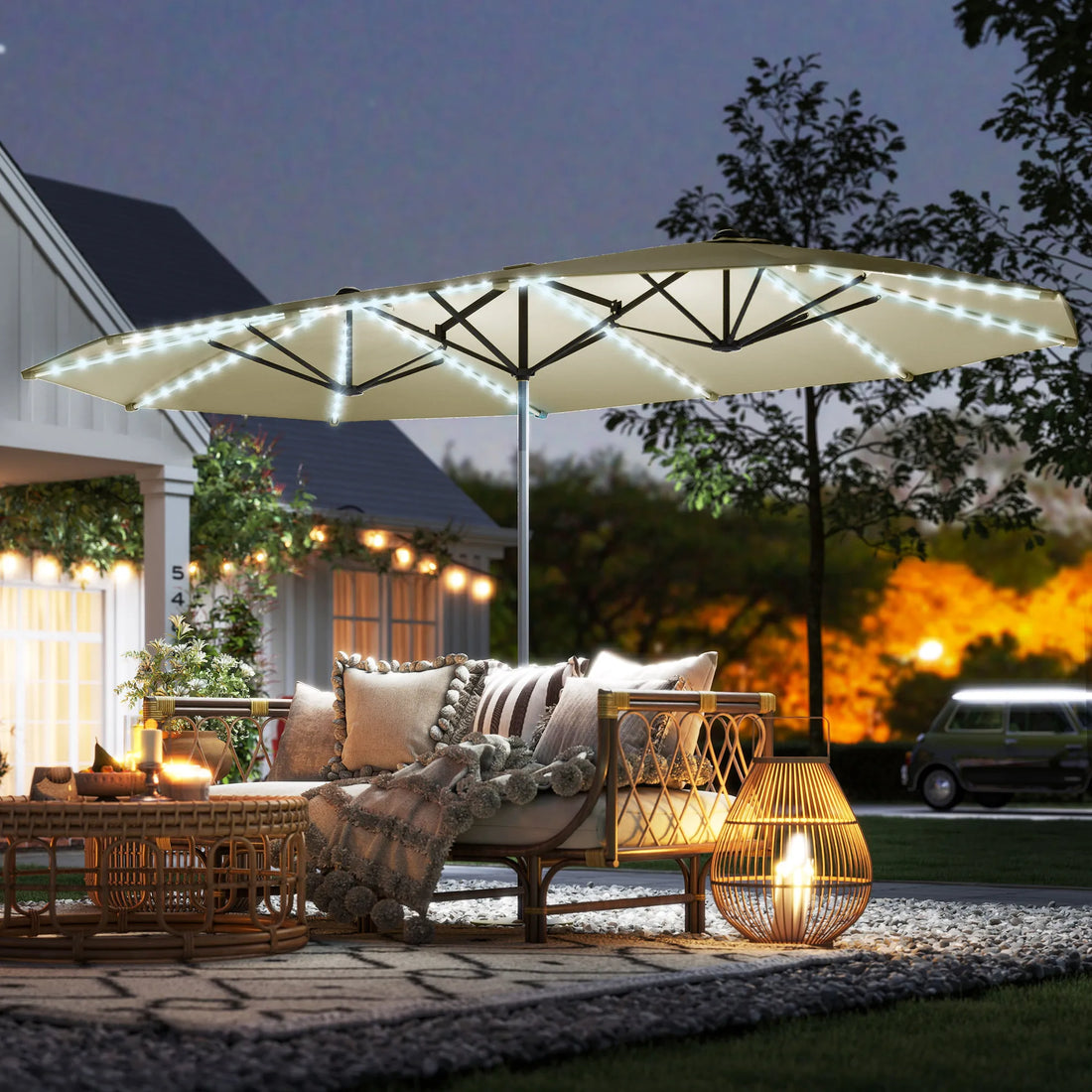 15 Foot Patio Umbrella with Solar Lights