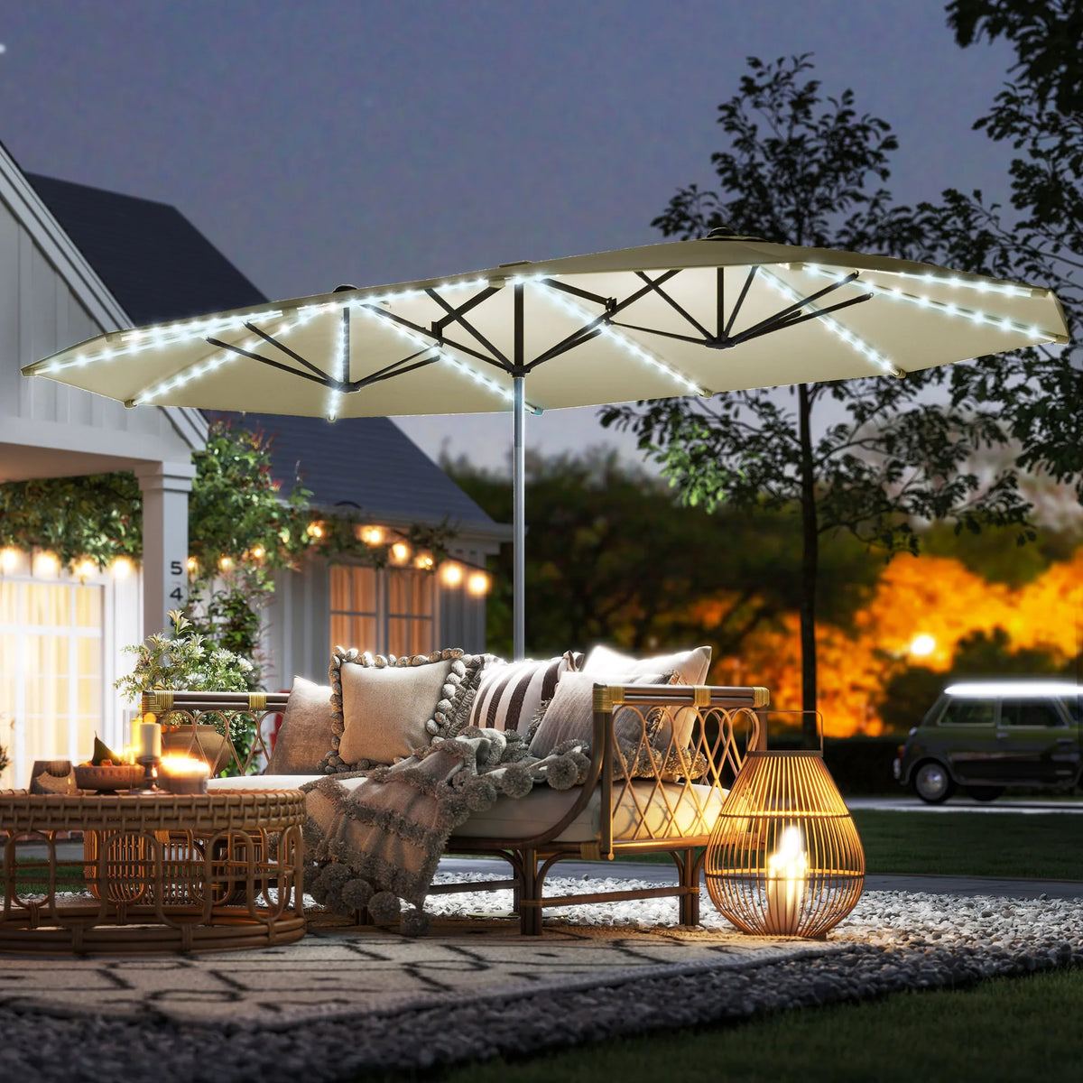 15 Foot Patio Umbrella with Solar Lights