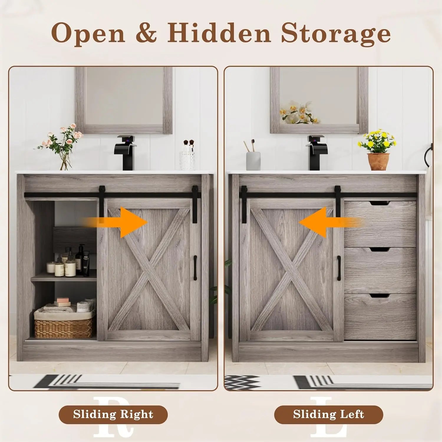 36 Bathroom Vanity Sink Faucet Mirror Farmhouse Cabinet Barn Door Drawers Bath Storage Grey, Custom