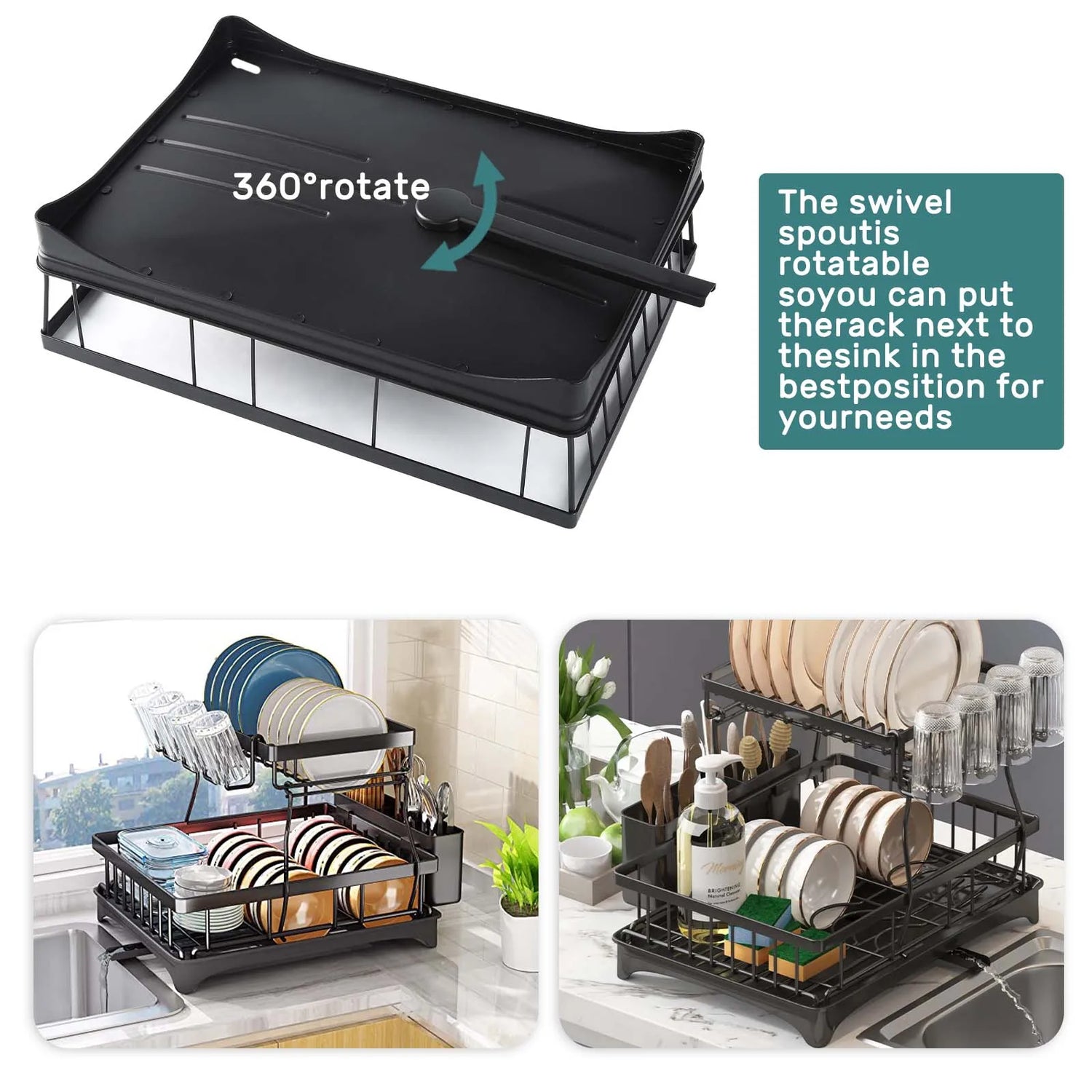 2-Tier Dish Drainer with Drip Tray and Drainer Mat