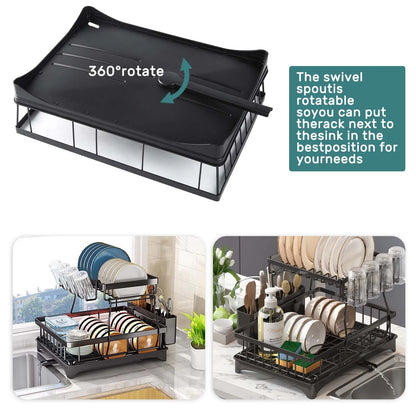 2-Tier Dish Drainer with Drip Tray and Drainer Mat