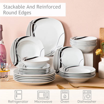 MALACASA 18 or 36-Piece Porcelain Ceramic Black Line Kitchen Tableware