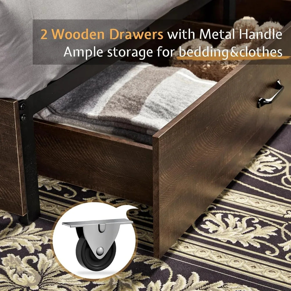 Queen Size Wooden Platform Storage Bed with Storage and Charging Station