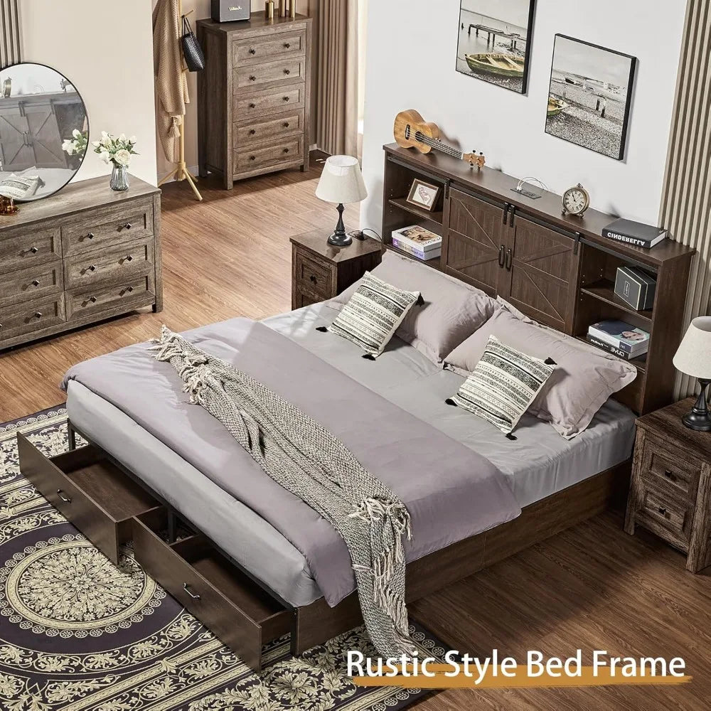 Queen Size Wooden Platform Storage Bed with Storage and Charging Station