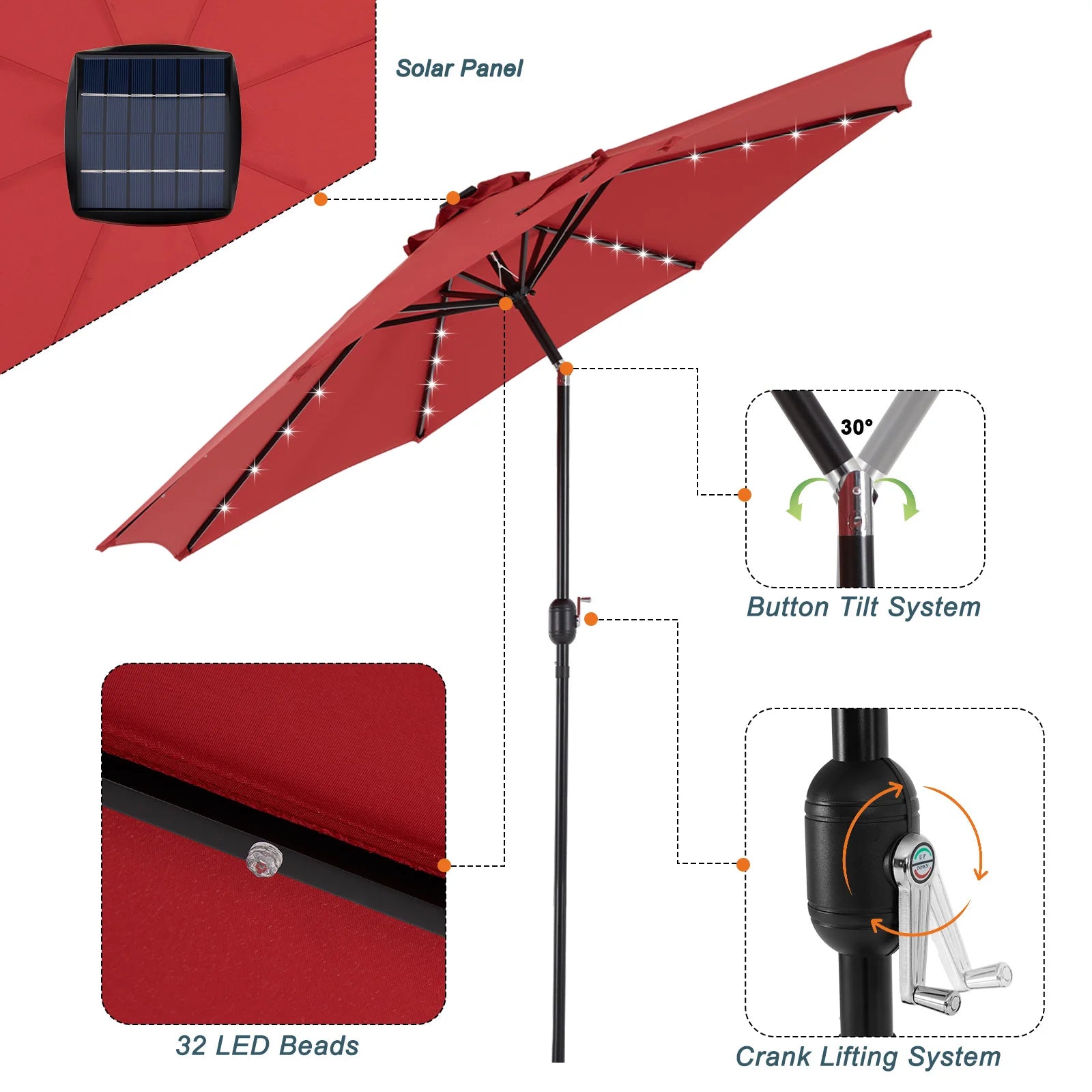 JHK 10 FT Solar Patio Umbrella with 32 LED Lights