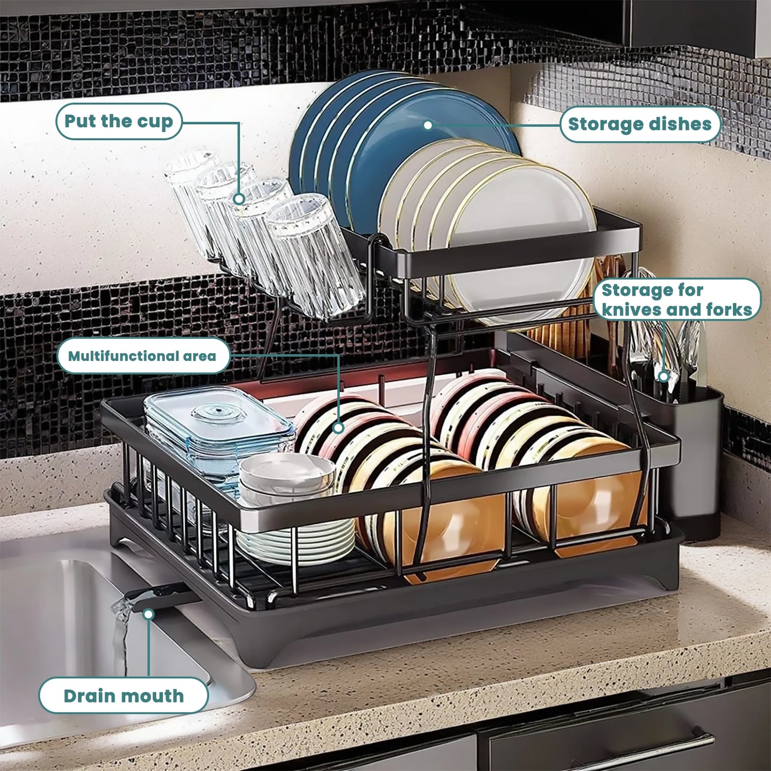2-Tier Dish Drainer with Drip Tray and Drainer Mat
