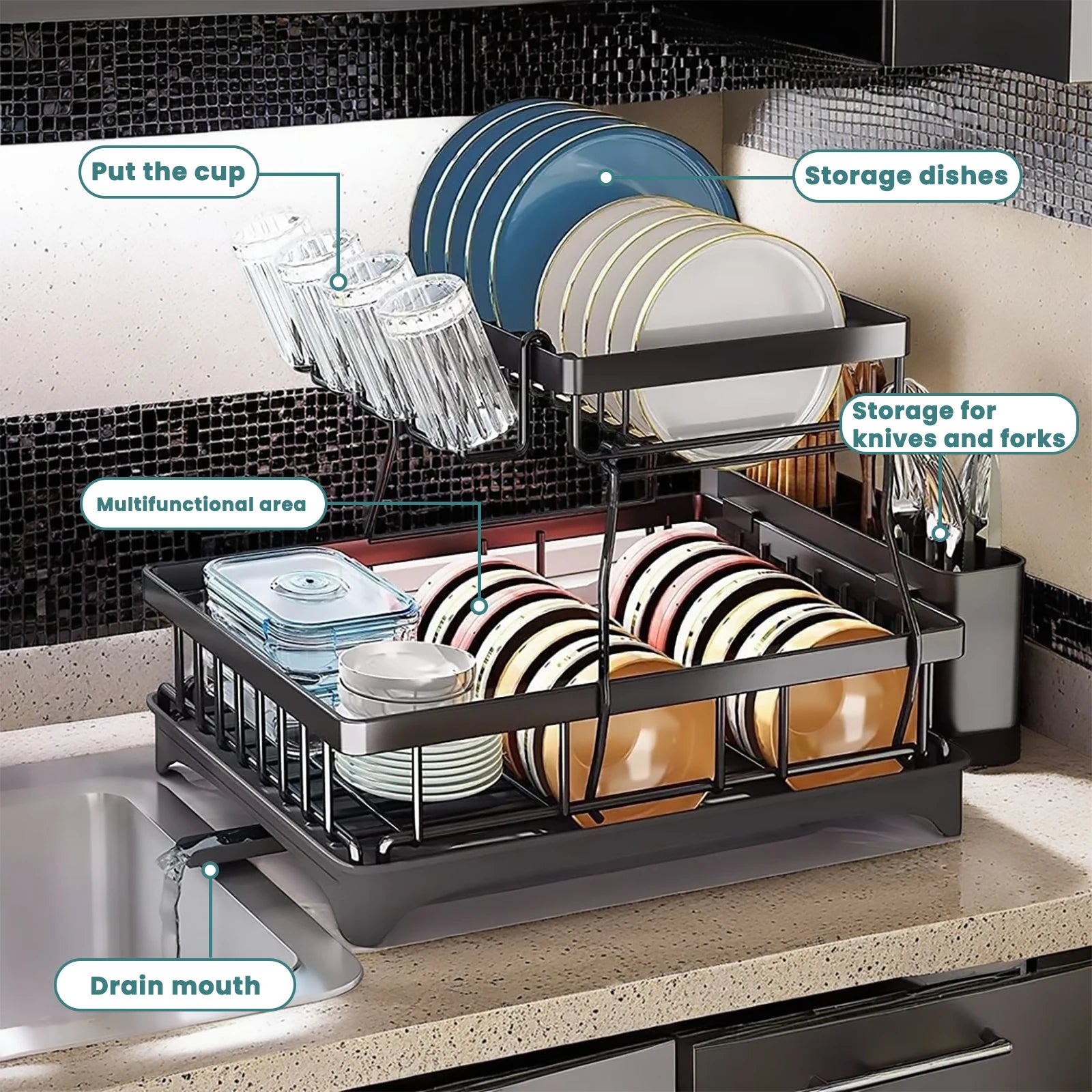 2-Tier Dish Drainer with Drip Tray and Drainer Mat