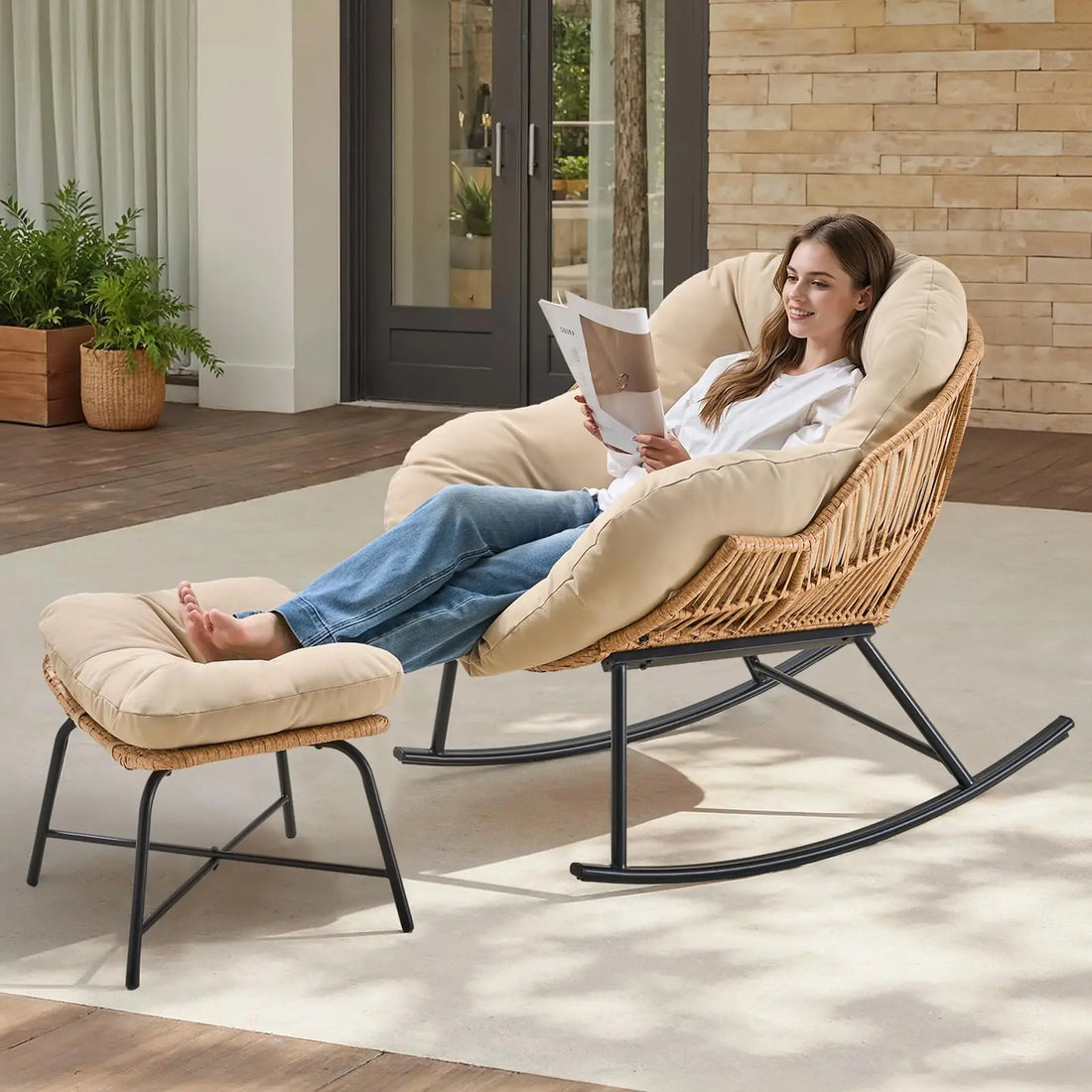 Oversized Wicker Papasan Rocking Chair with Ottoman